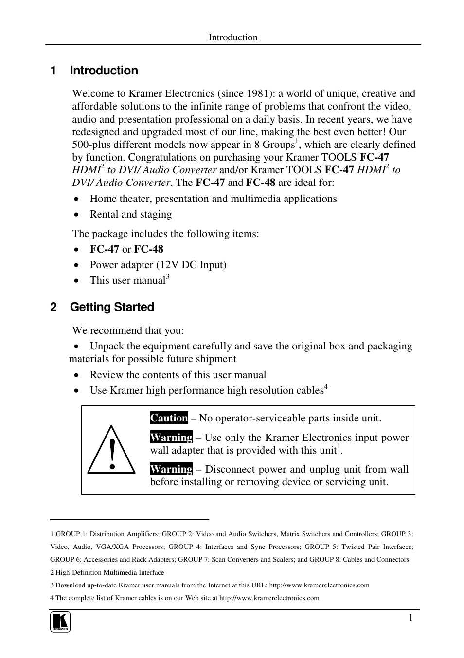 1 introduction, 2 getting started | Kramer Electronics FC-48 User Manual | Page 3 / 13