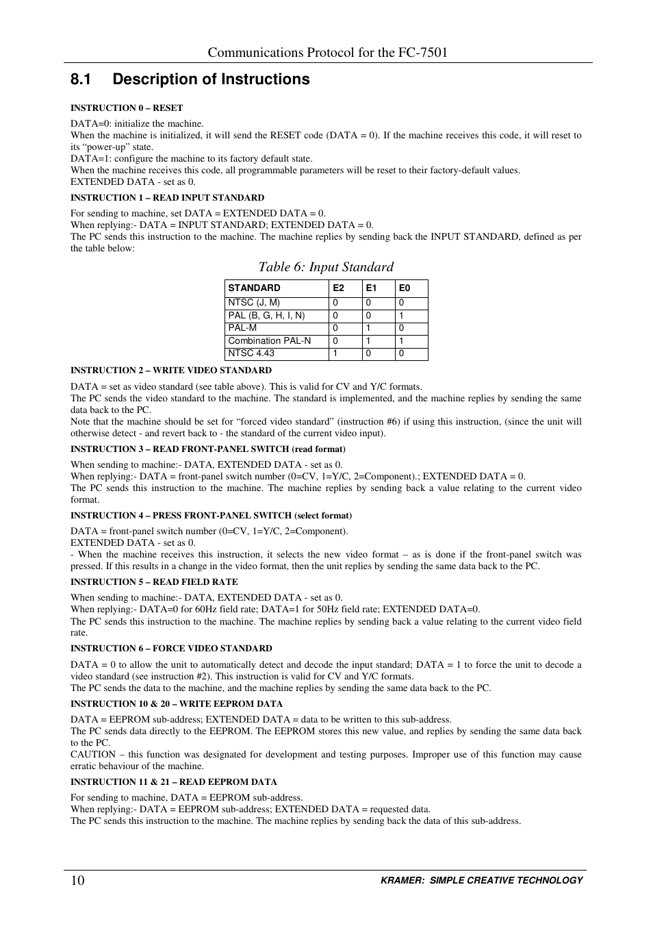 1 description of instructions, Communications protocol for the fc-7501, Table 6: input standard | Kramer Electronics FC-7501 User Manual | Page 12 / 15