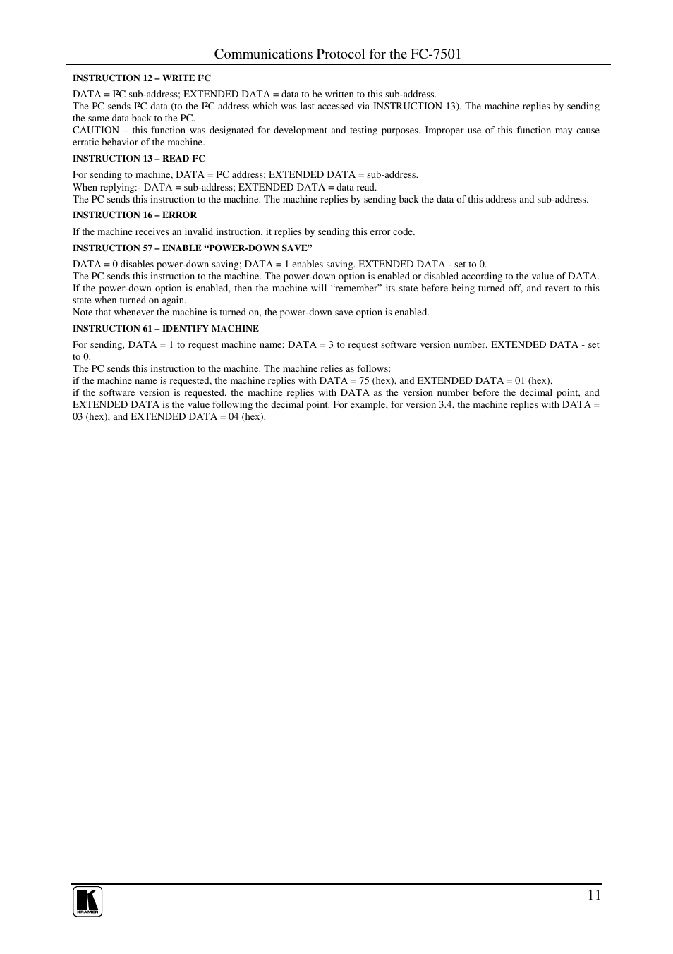 Communications protocol for the fc-7501 | Kramer Electronics FC-7501 User Manual | Page 13 / 15