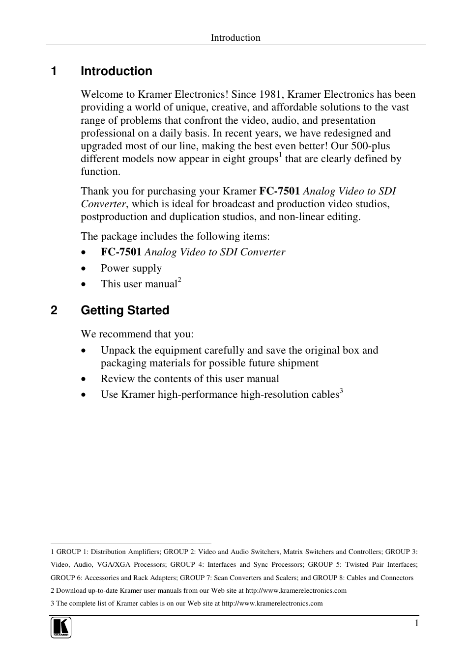 1introduction, 2getting started | Kramer Electronics FC-7501 User Manual | Page 3 / 15