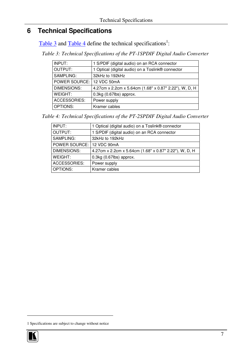 6 technical specifications | Kramer Electronics PT-2SPDIF User Manual | Page 9 / 11