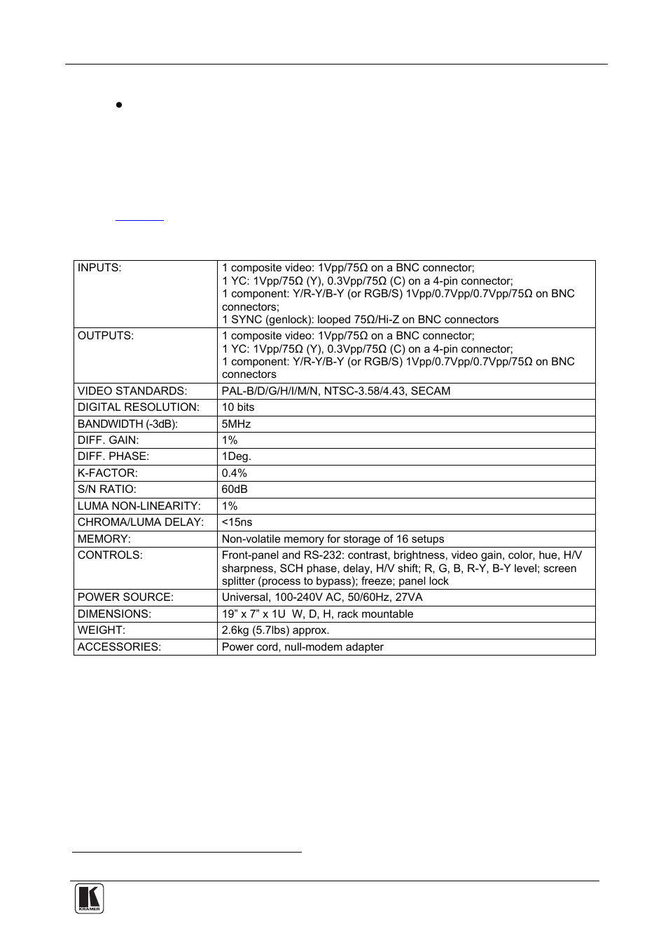 8 technical specifications, Technical specifications, Table 5 incl udes the technical specifications | Kramer Electronics SP-10D User Manual | Page 17 / 22