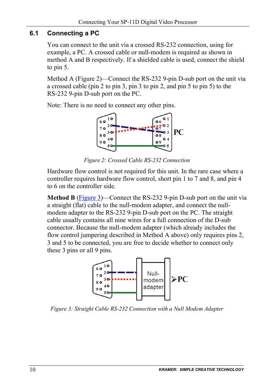 1 connecting a pc, Connecting a pc, Figure 2: crossed cable rs-232 connection | Kramer Electronics SP-11D User Manual | Page 12 / 23