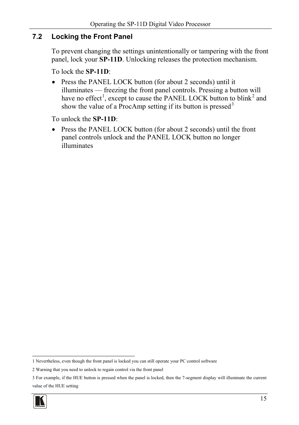 2 locking the front panel, Locking the front panel | Kramer Electronics SP-11D User Manual | Page 17 / 23