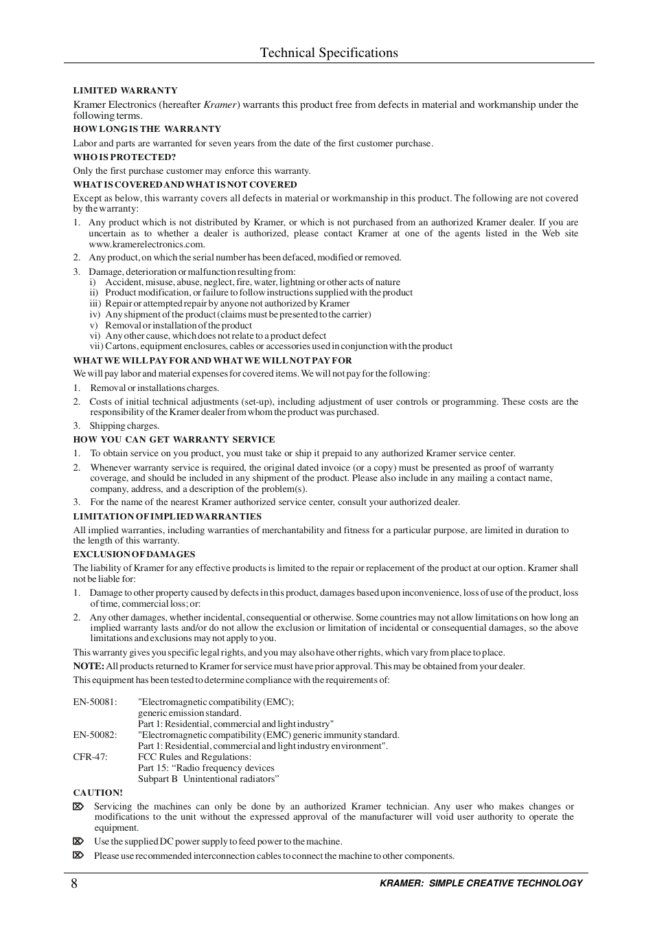 Technical specifications | Kramer Electronics VP-100 User Manual | Page 10 / 11