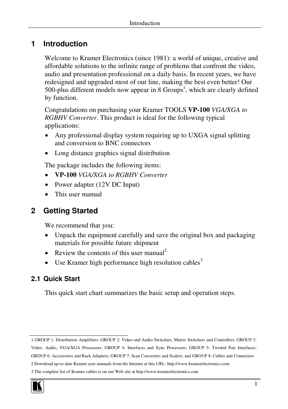 1 introduction, 2 getting started | Kramer Electronics VP-100 User Manual | Page 3 / 11