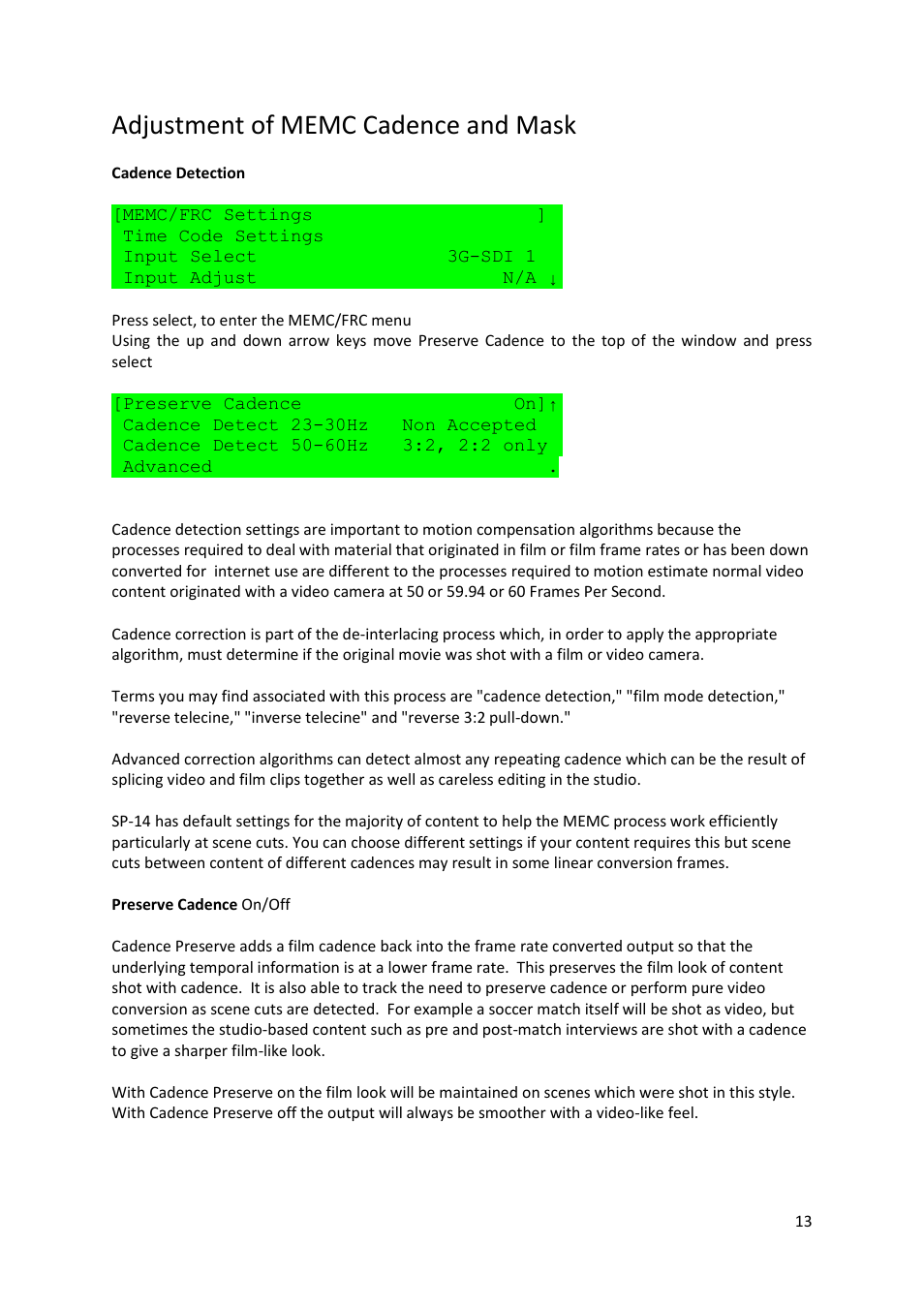 Adjustment of memc cadence and mask | Kramer Electronics SP-14 User Manual | Page 14 / 19