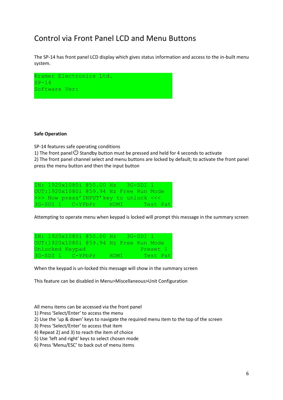 Control via front panel lcd and menu buttons | Kramer Electronics SP-14 User Manual | Page 7 / 19