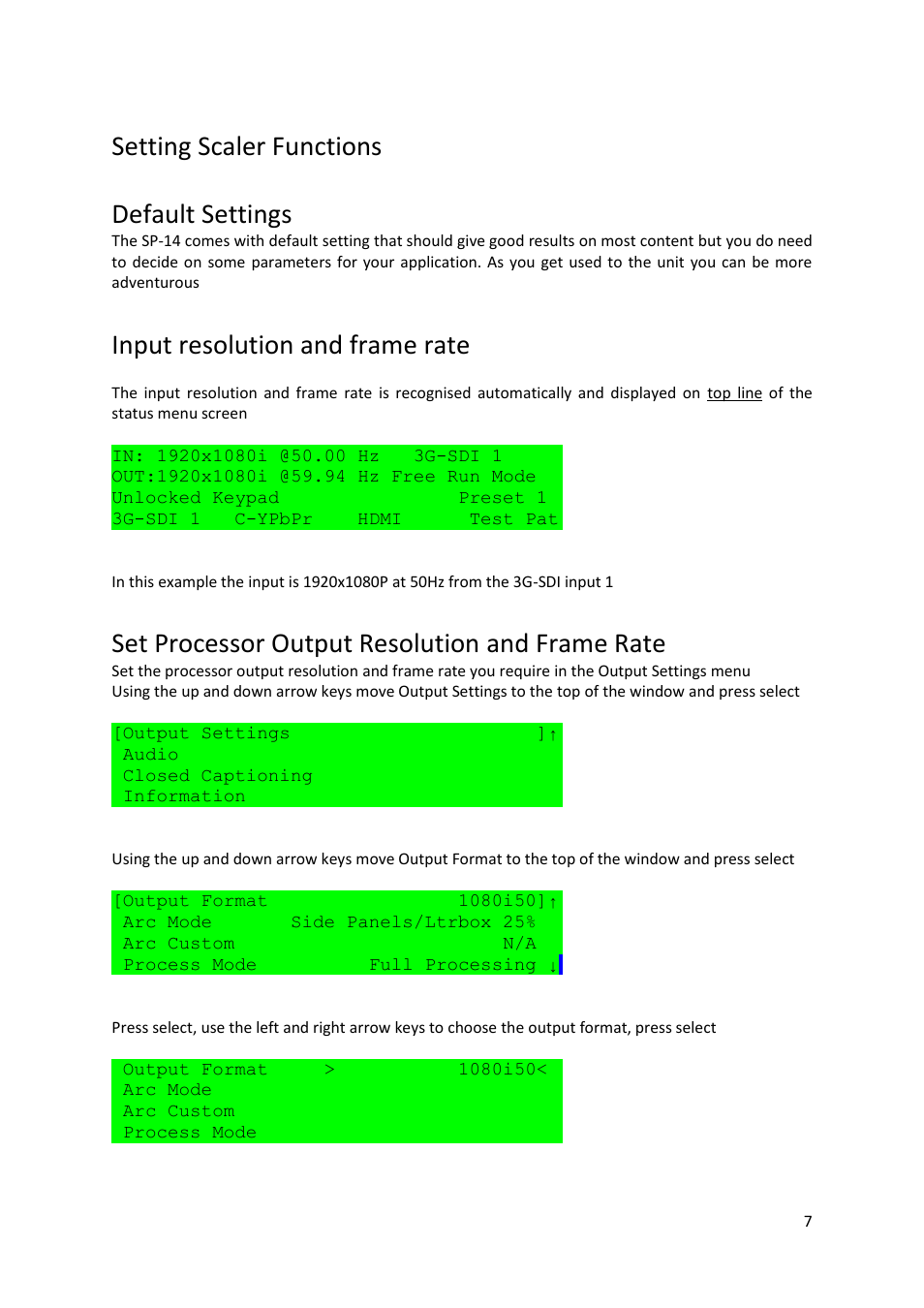 Setting scaler functions default settings, Input resolution and frame rate, Set processor output resolution and frame rate | Kramer Electronics SP-14 User Manual | Page 8 / 19