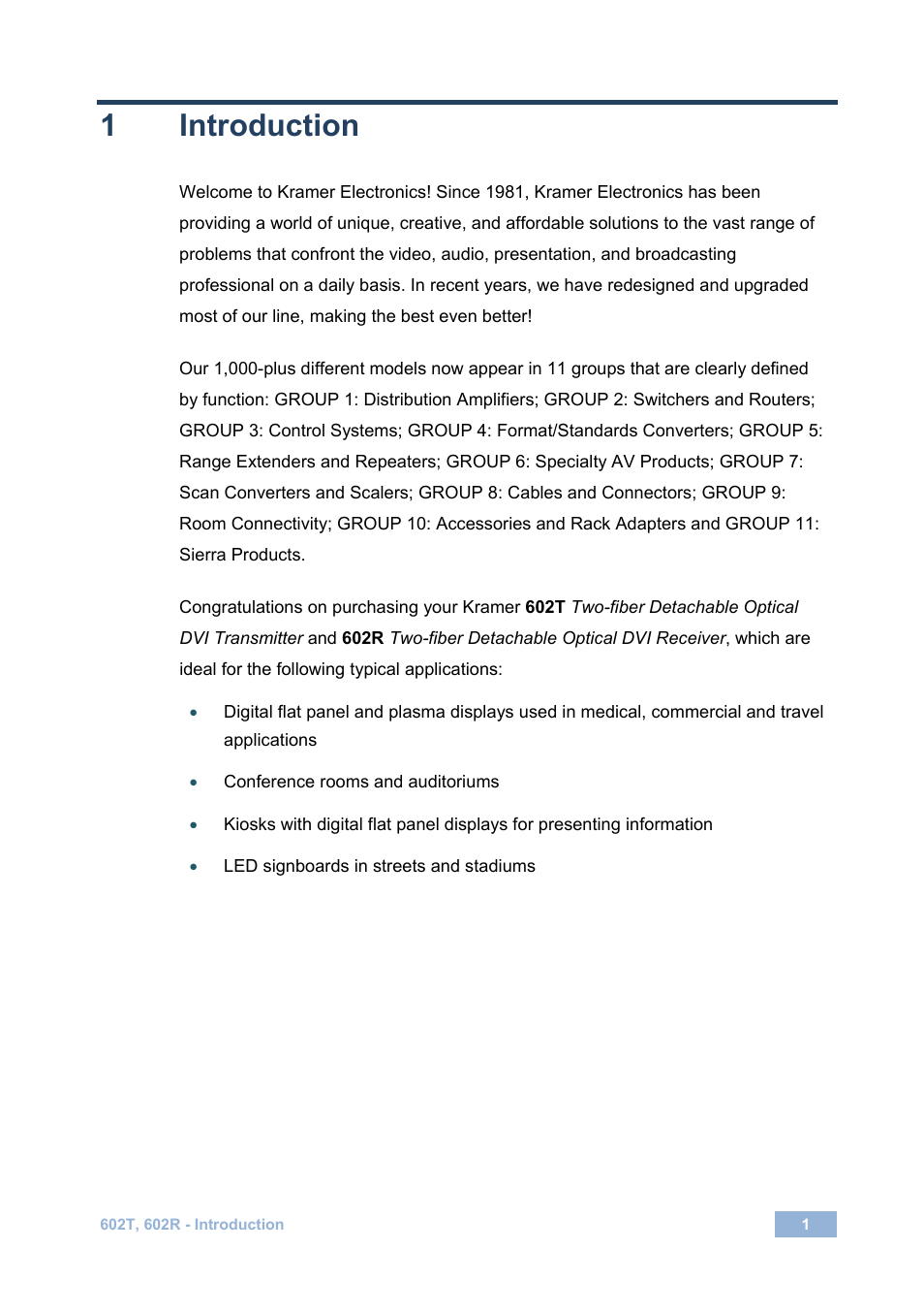 1 introduction, Introduction | Kramer Electronics 602R/T User Manual | Page 4 / 14