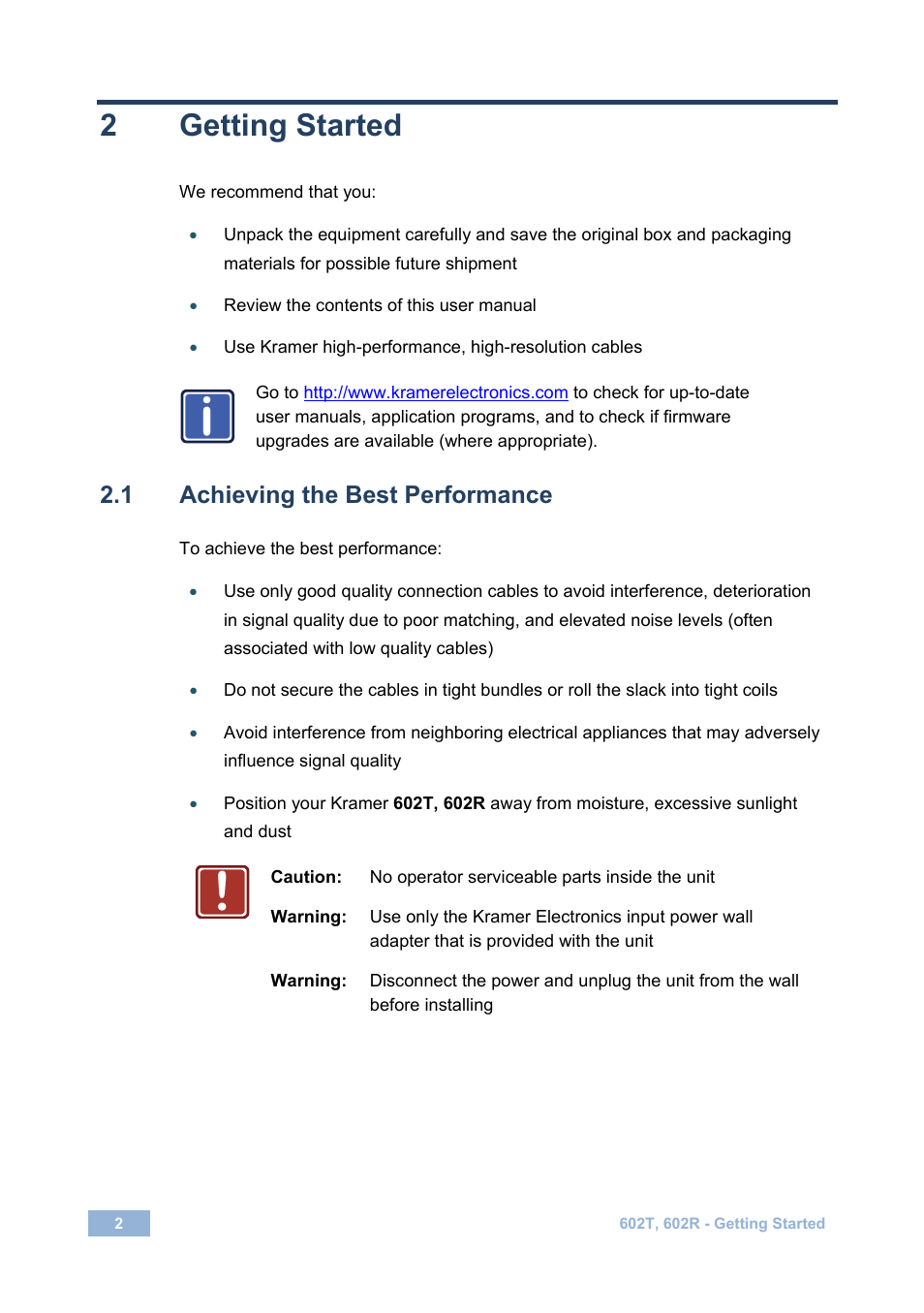 2 getting started, 1 achieving the best performance, Getting started | Achieving the best performance | Kramer Electronics 602R/T User Manual | Page 5 / 14