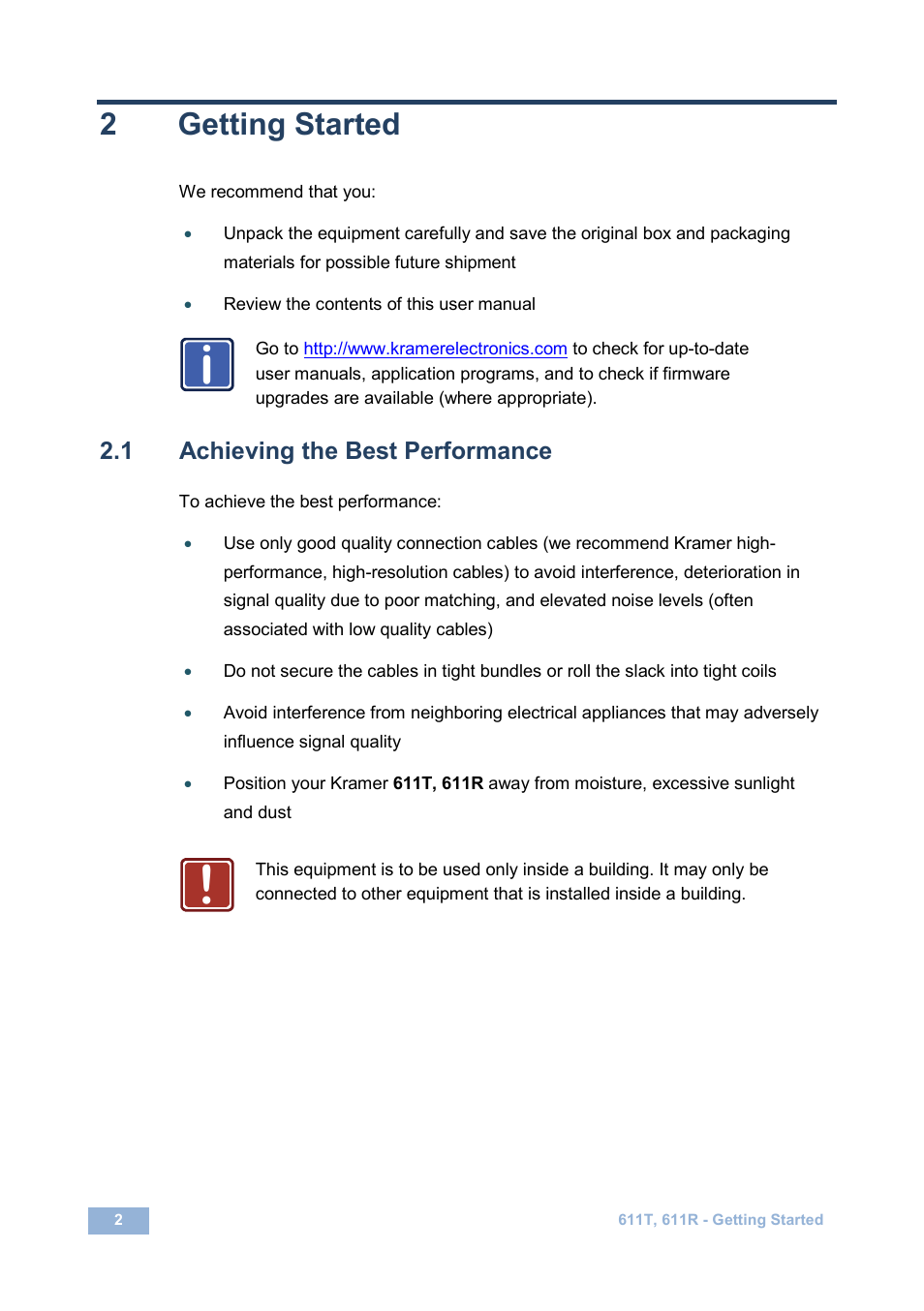 2 getting started, 1 achieving the best performance, Getting started | Achieving the best performance, 2getting started | Kramer Electronics 611T User Manual | Page 5 / 13