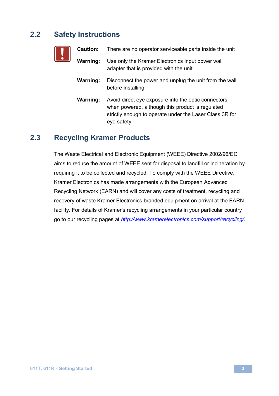 2 safety instructions, 3 recycling kramer products, Safety instructions | Recycling kramer products | Kramer Electronics 611T User Manual | Page 6 / 13