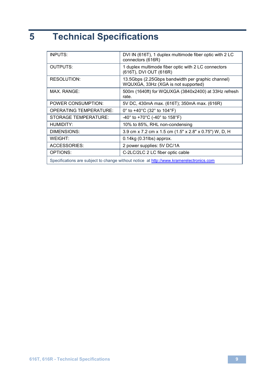 5 technical specifications, Technical specifications, 5technical specifications | Kramer Electronics 616R/T User Manual | Page 12 / 14