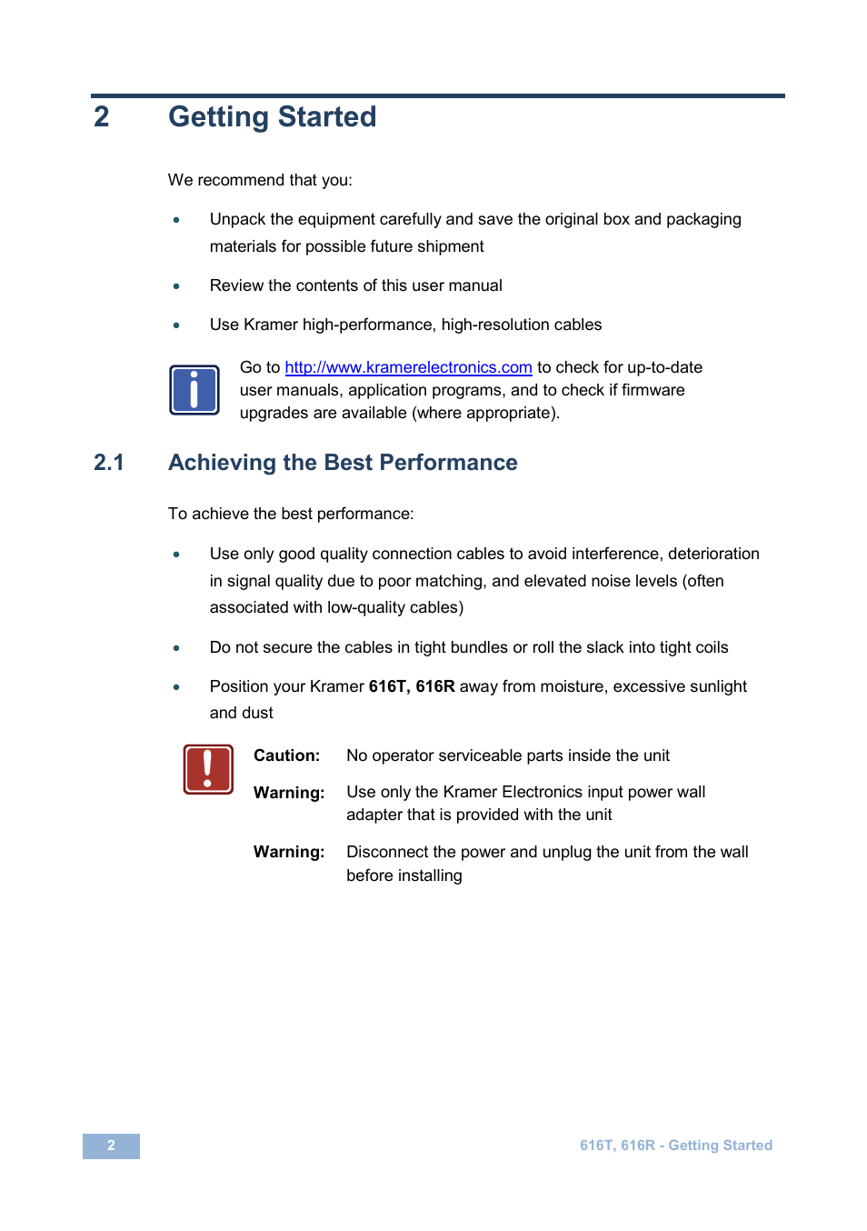 2 getting started, 1 achieving the best performance, Getting started | Achieving the best performance, 2getting started | Kramer Electronics 616R/T User Manual | Page 5 / 14