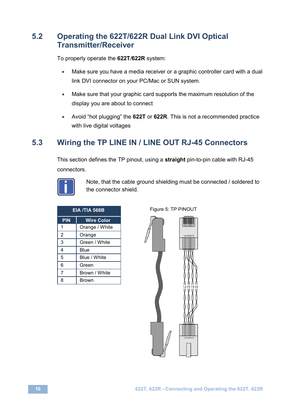 3 wiring the tp line in / line out rj45 connectors, Wiring the tp line in / line out rj-45 connectors, Figure 5: tp pinout | Kramer Electronics 622T User Manual | Page 13 / 17