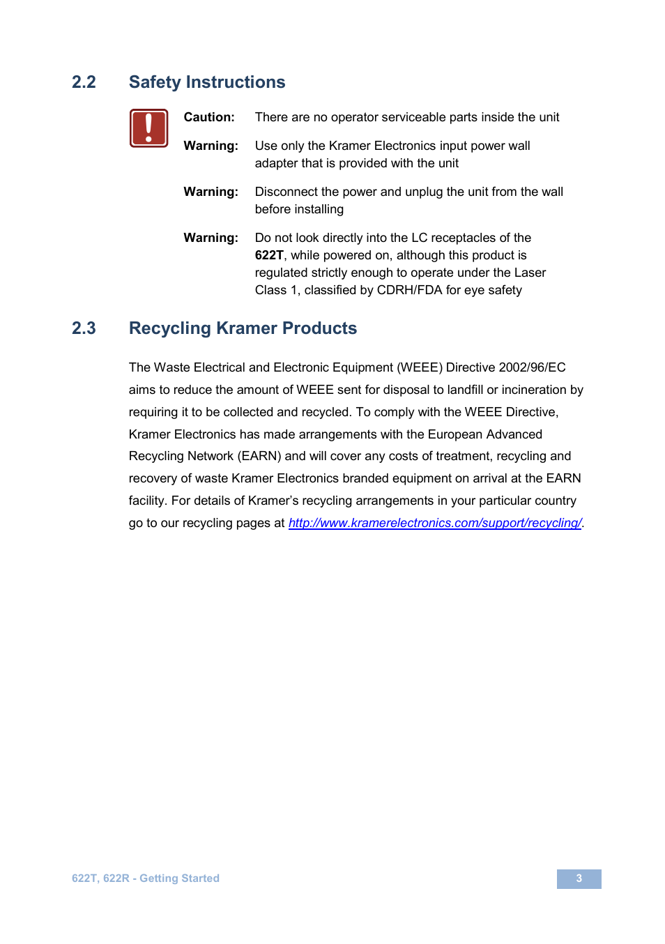 2 safety instructions, 3 recycling kramer products, Safety instructions | Recycling kramer products | Kramer Electronics 622T User Manual | Page 6 / 17