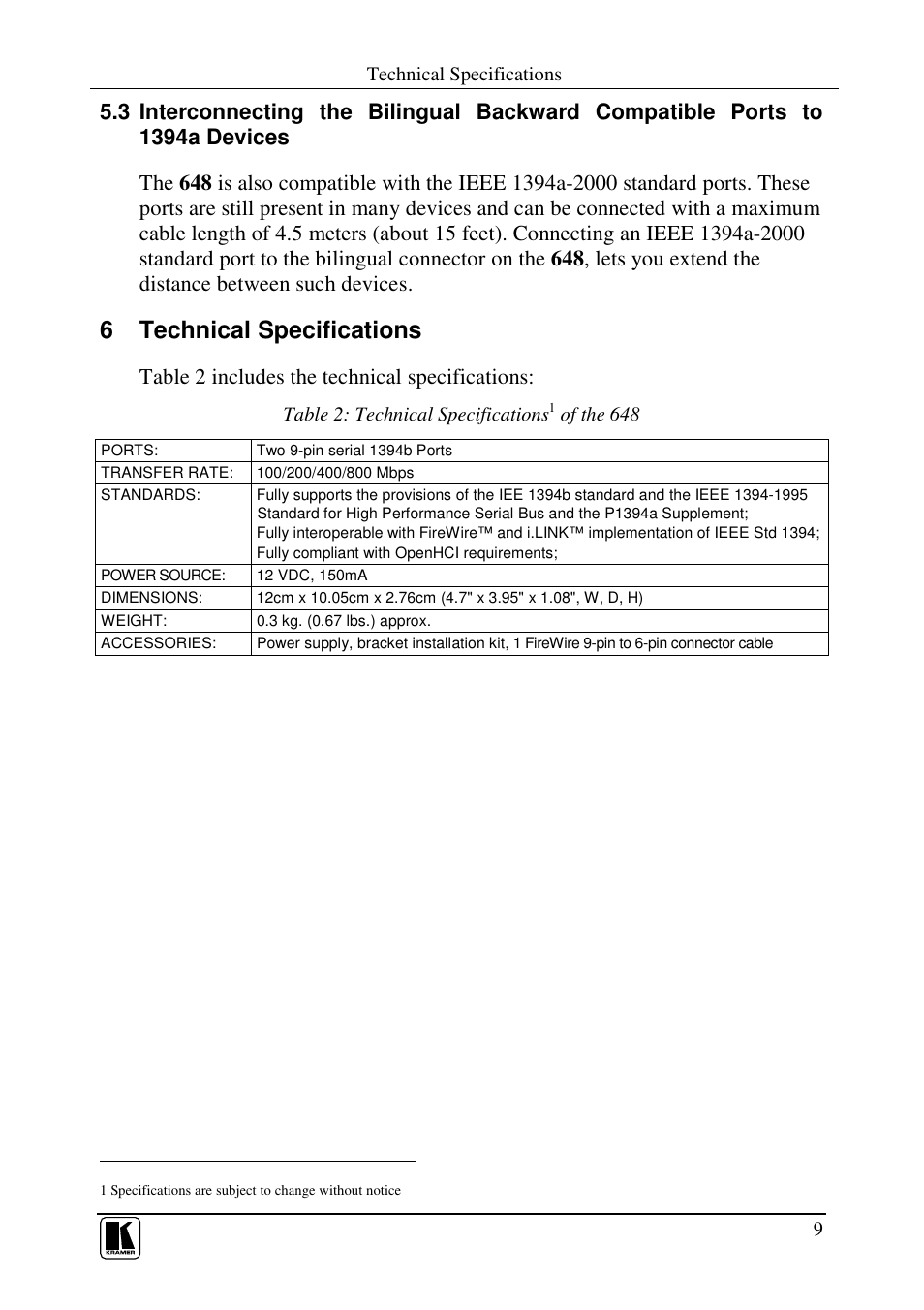 6 technical specifications, Table 2 includes the technical specifications | Kramer Electronics 648 User Manual | Page 11 / 13