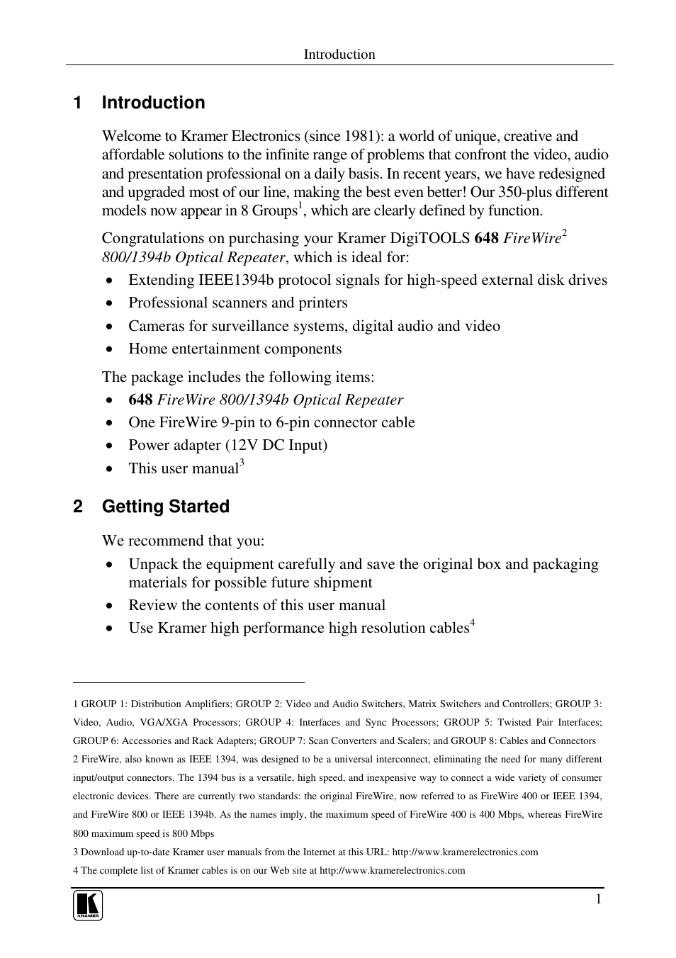 1 introduction, 2 getting started | Kramer Electronics 648 User Manual | Page 3 / 13