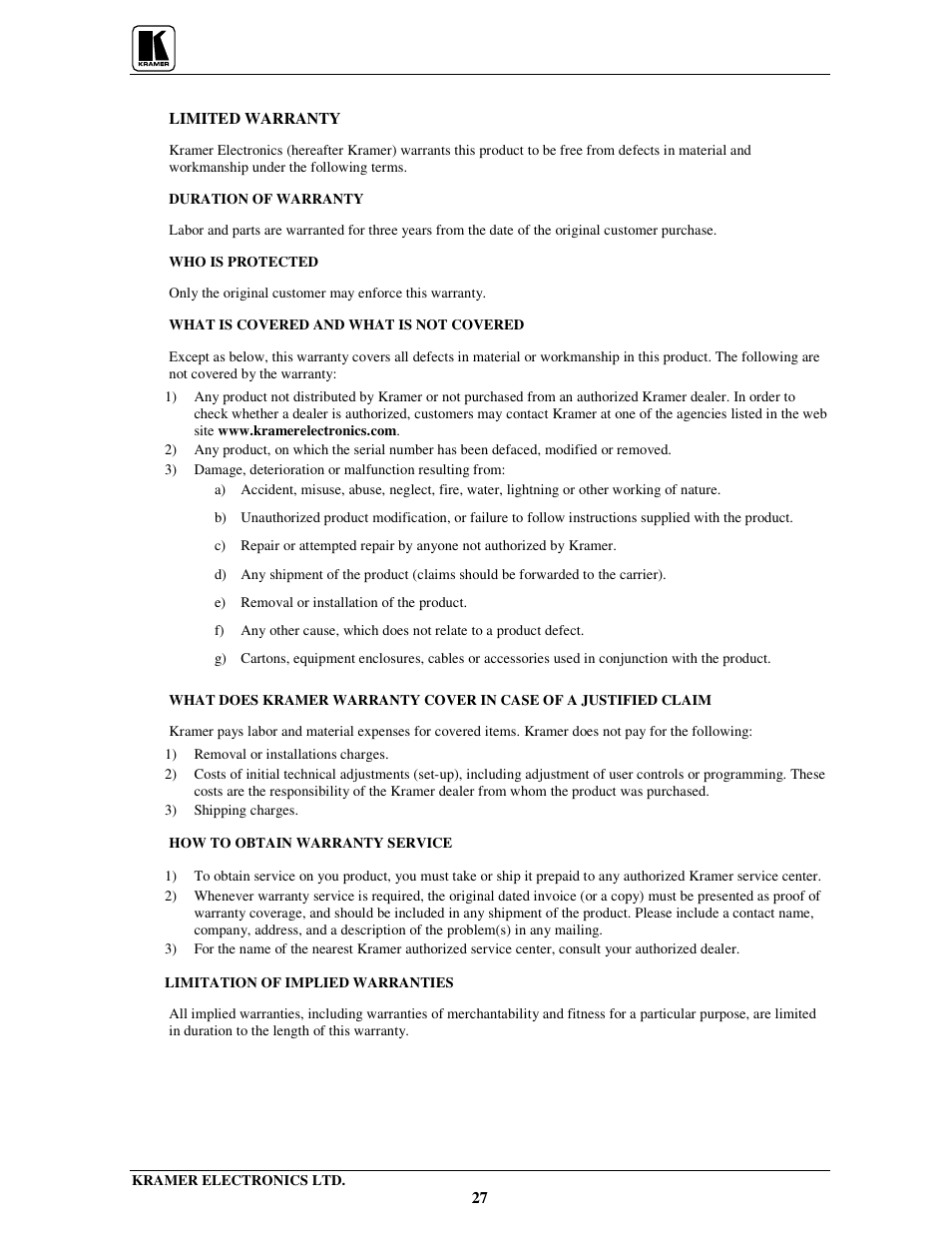 Kramer Electronics 704 User Manual | Page 30 / 32