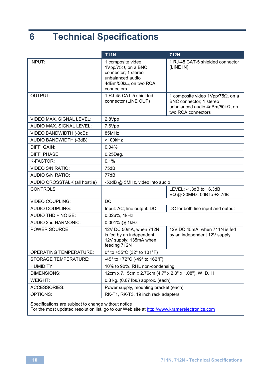 6 technical specifications, Technical specifications, 6technical specifications | Kramer Electronics 712N User Manual | Page 13 / 15