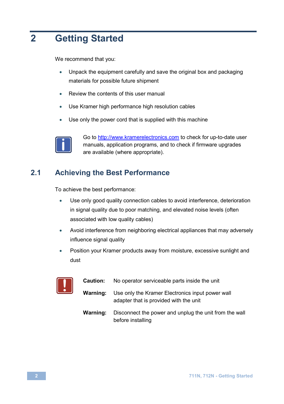 2 getting started, 1 achieving the best performance, Getting started | Achieving the best performance, 2getting started | Kramer Electronics 712N User Manual | Page 5 / 15