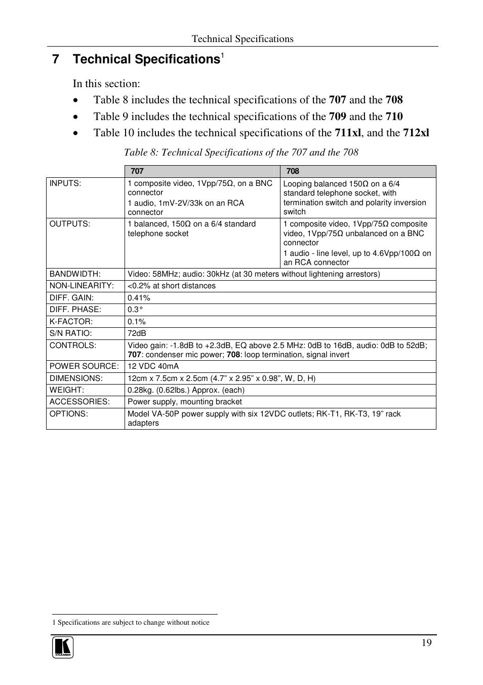 7 technical specifications | Kramer Electronics 711xl User Manual | Page 22 / 25