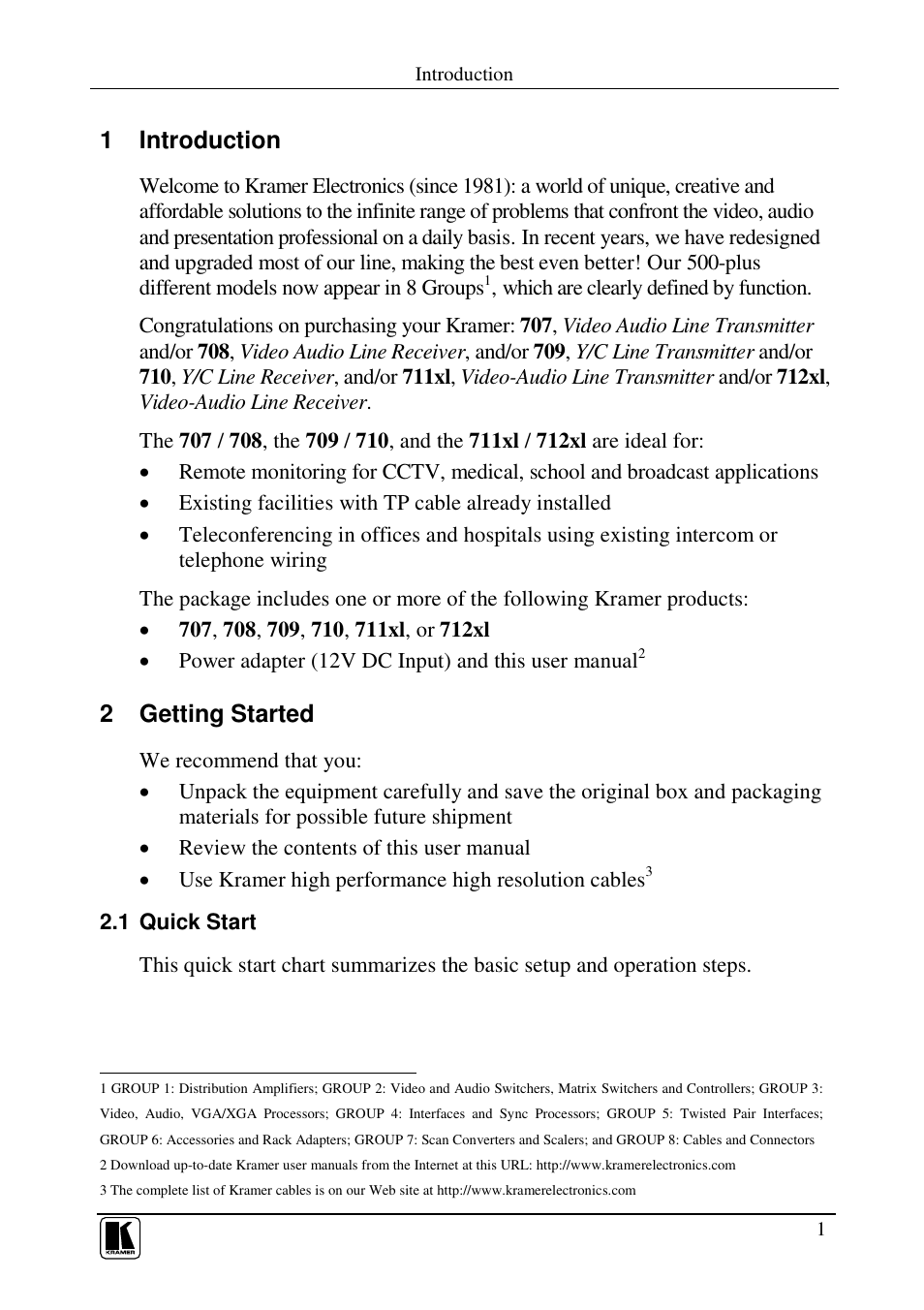 1 introduction, 2 getting started | Kramer Electronics 711xl User Manual | Page 4 / 25