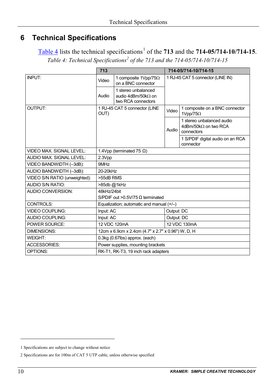6 technical specifications, Technical specifications, Table 4 lists the technical specifications | Table 4: technical specifications | Kramer Electronics 714 User Manual | Page 12 / 14