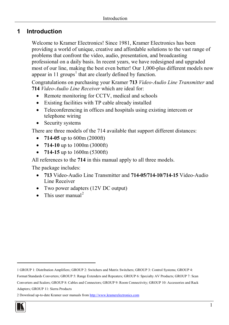 1 introduction, Introduction | Kramer Electronics 714 User Manual | Page 3 / 14