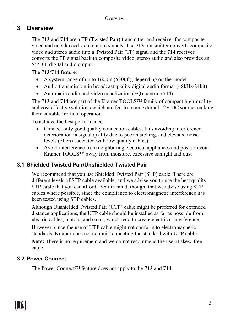 3 overview, 1 shielded twisted pair/unshielded twisted pair, 2 power connect | Overview, Shielded twisted pair/unshielded twisted pair, Power connect | Kramer Electronics 714 User Manual | Page 5 / 14