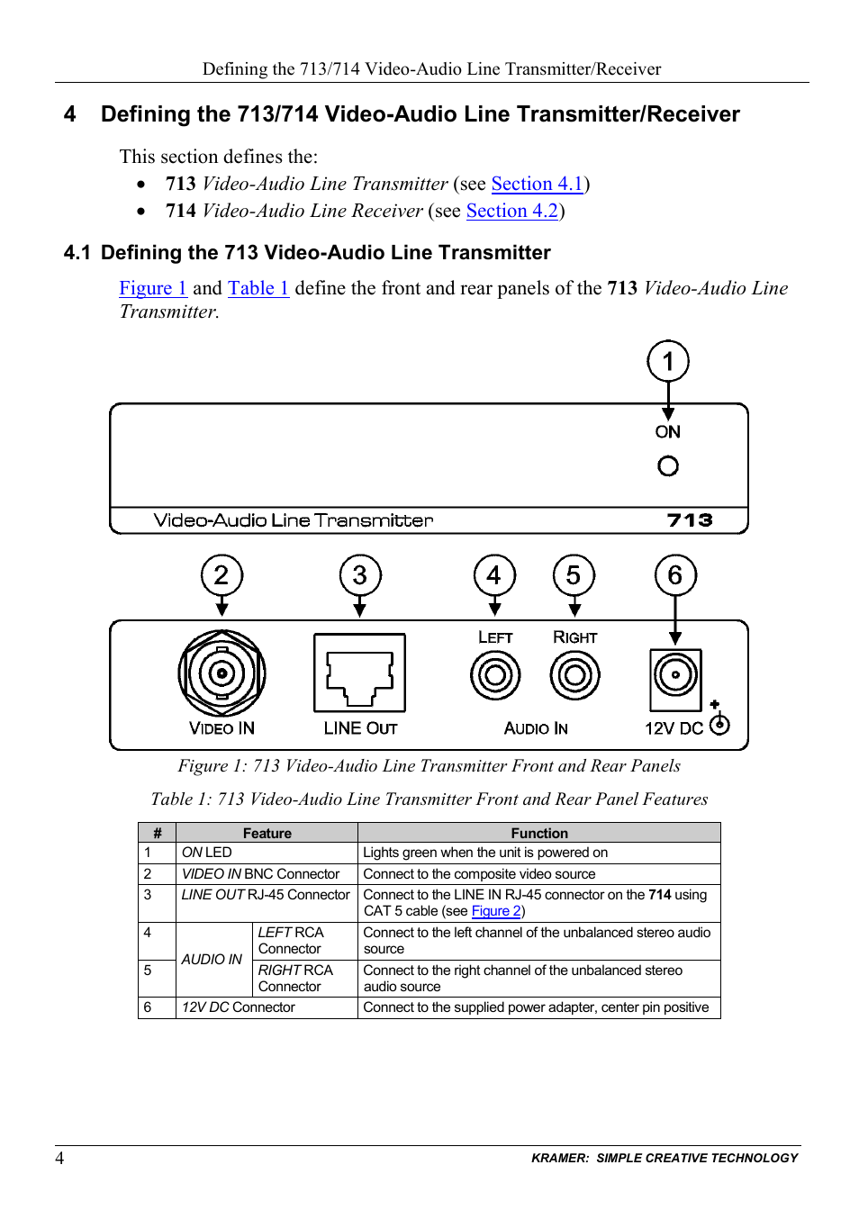1 defining the 713 video-audio line transmitter, Defining the 713 video-audio line transmitter | Kramer Electronics 714 User Manual | Page 6 / 14