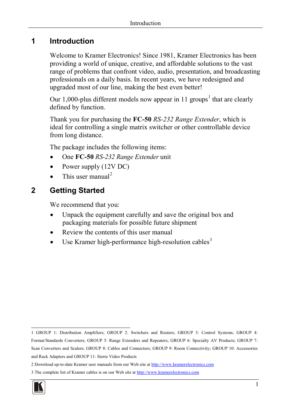 1 introduction, 2 getting started, Introduction | Getting started, 1introduction, 2getting started | Kramer Electronics FC-50 User Manual | Page 3 / 12