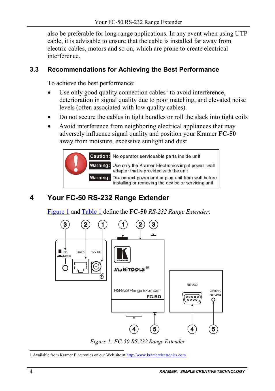 4 your fc-50 rs-232 range extender, Recommendations for achieving the best performance, Your fc-50 rs-232 range extender | Figure 1: fc-50, Rs-232 range extender | Kramer Electronics FC-50 User Manual | Page 6 / 12