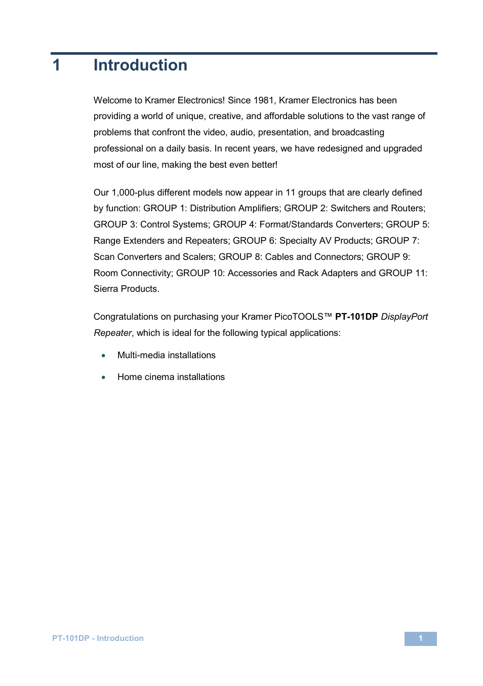 1 introduction, Introduction, 1introduction | Kramer Electronics PT-101DP User Manual | Page 4 / 13