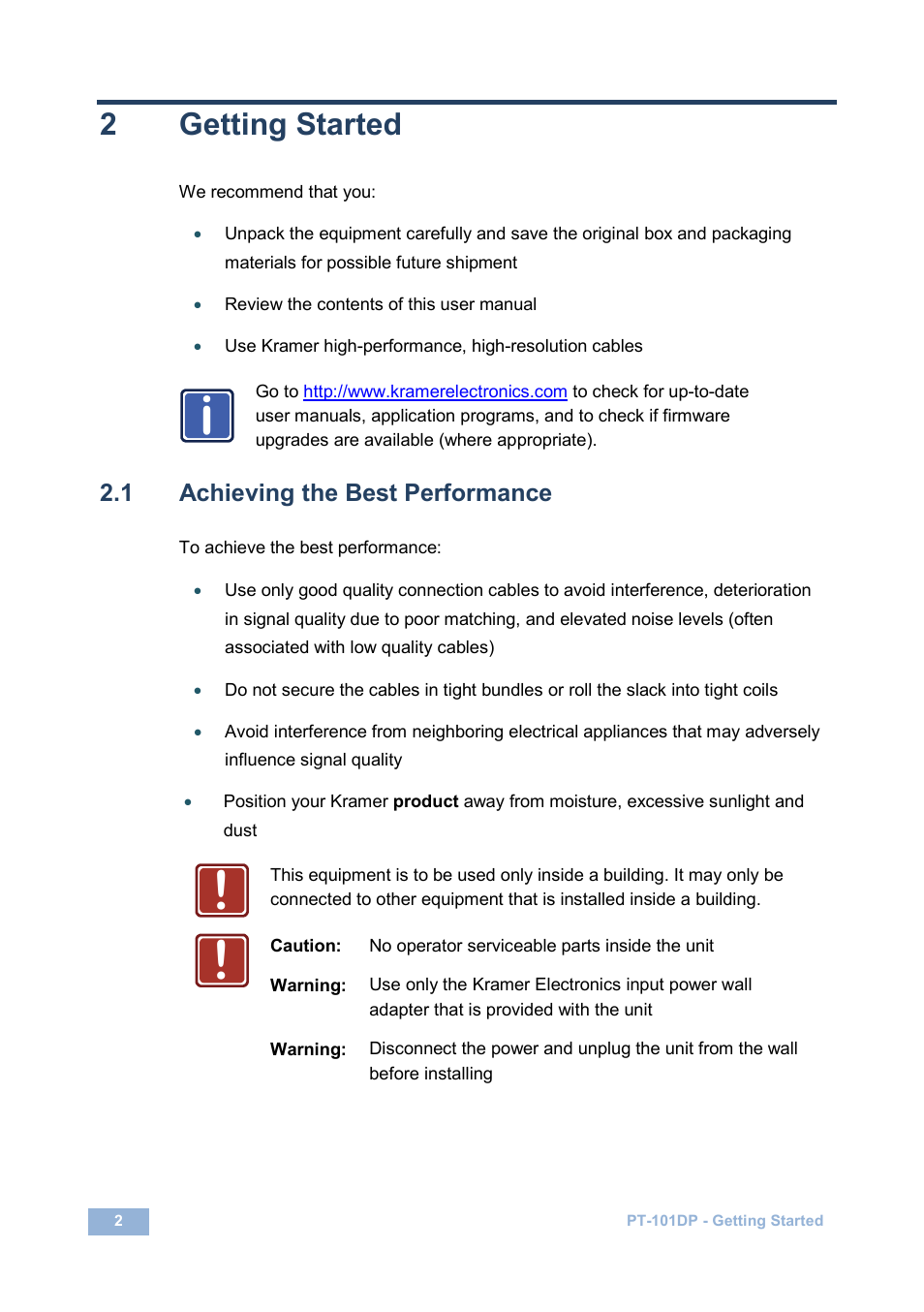 2 getting started, 1 achieving the best performance, Getting started | Achieving the best performance, 2getting started | Kramer Electronics PT-101DP User Manual | Page 5 / 13
