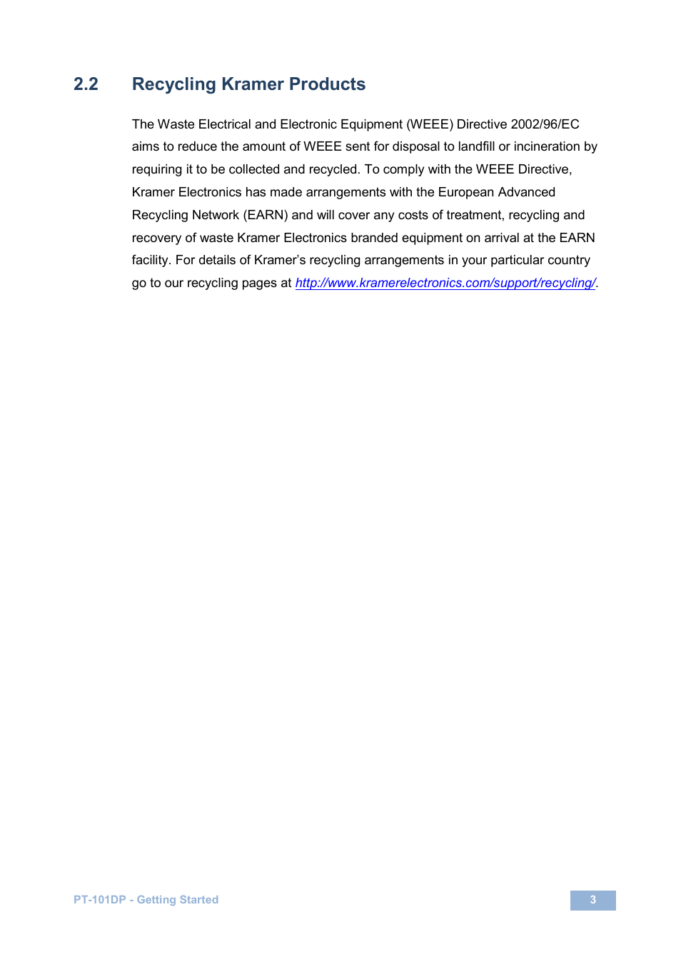 2 recycling kramer products, Recycling kramer products | Kramer Electronics PT-101DP User Manual | Page 6 / 13