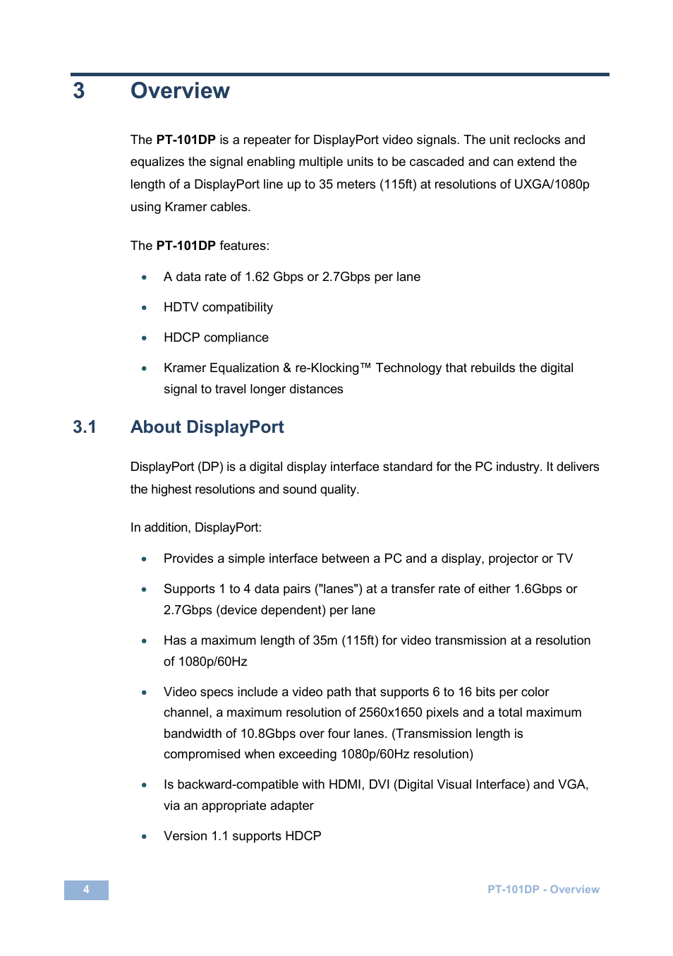 3 overview, 1 about displayport, Overview | About displayport, 3overview | Kramer Electronics PT-101DP User Manual | Page 7 / 13