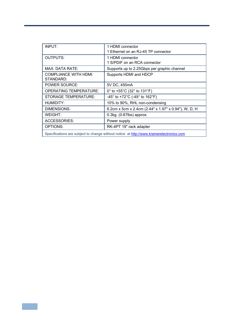 6 technical specifications, Technical specifications | Kramer Electronics PT-101H4 User Manual | Page 11 / 13