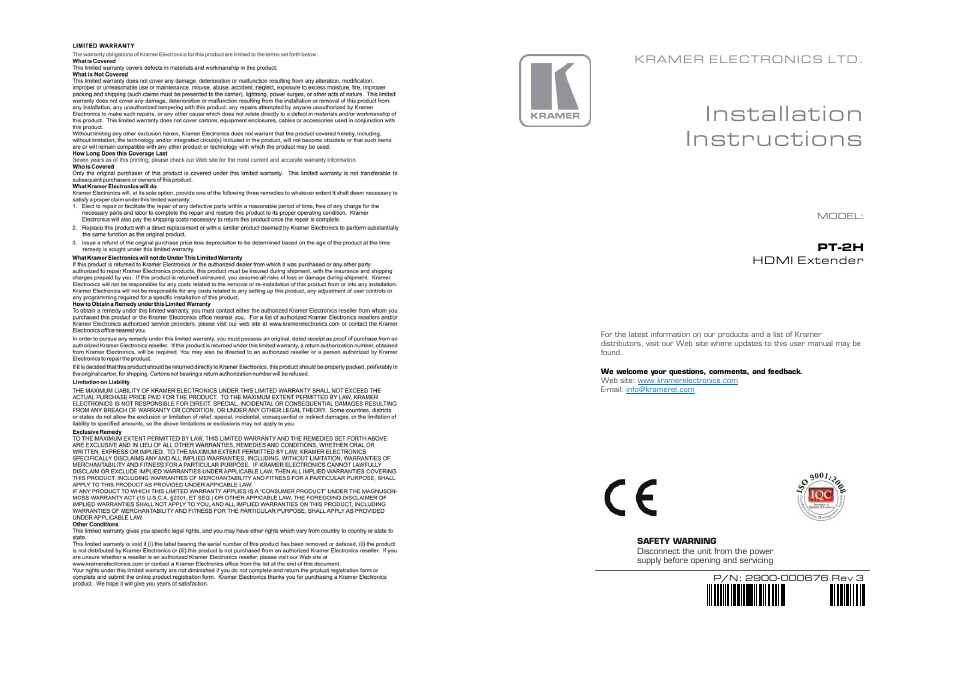 Installation instructions | Kramer Electronics PT-2H User Manual | Page 2 / 2