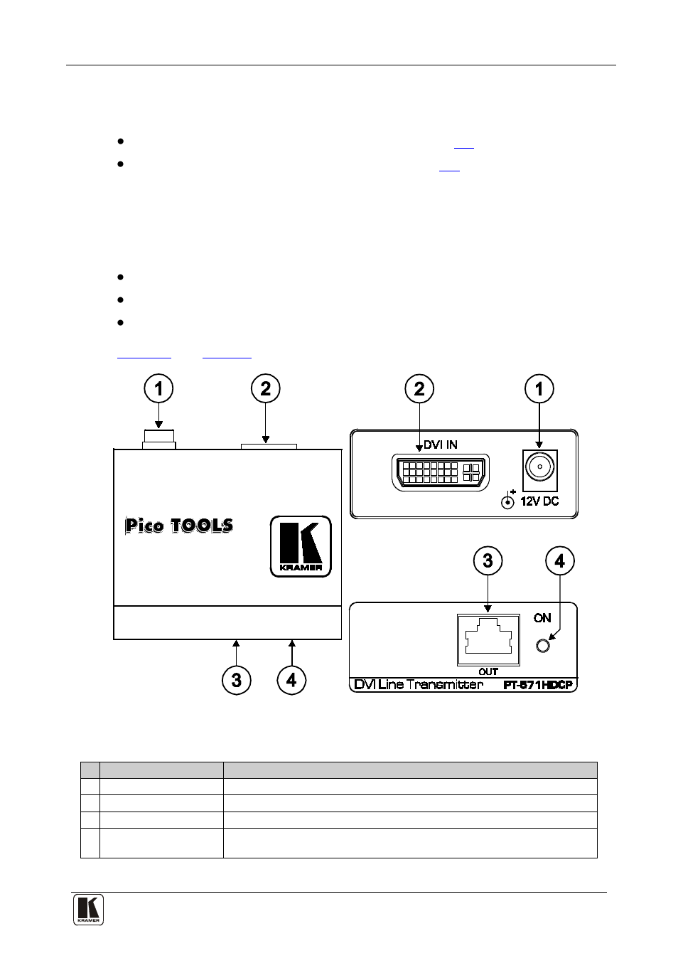 4 your pt-571hdcp / pt-572hdcp, 1 your pt-571hdcp dvi line transmitter, Your pt-571hdcp / pt-572hdcp | Your pt-571hdcp dvi line transmitter, Figure 1: pt-571hdcp dvi line transmitter, Table 1: pt-571hdcp dvi line transmitter features | Kramer Electronics PT-571HDCP User Manual | Page 7 / 12