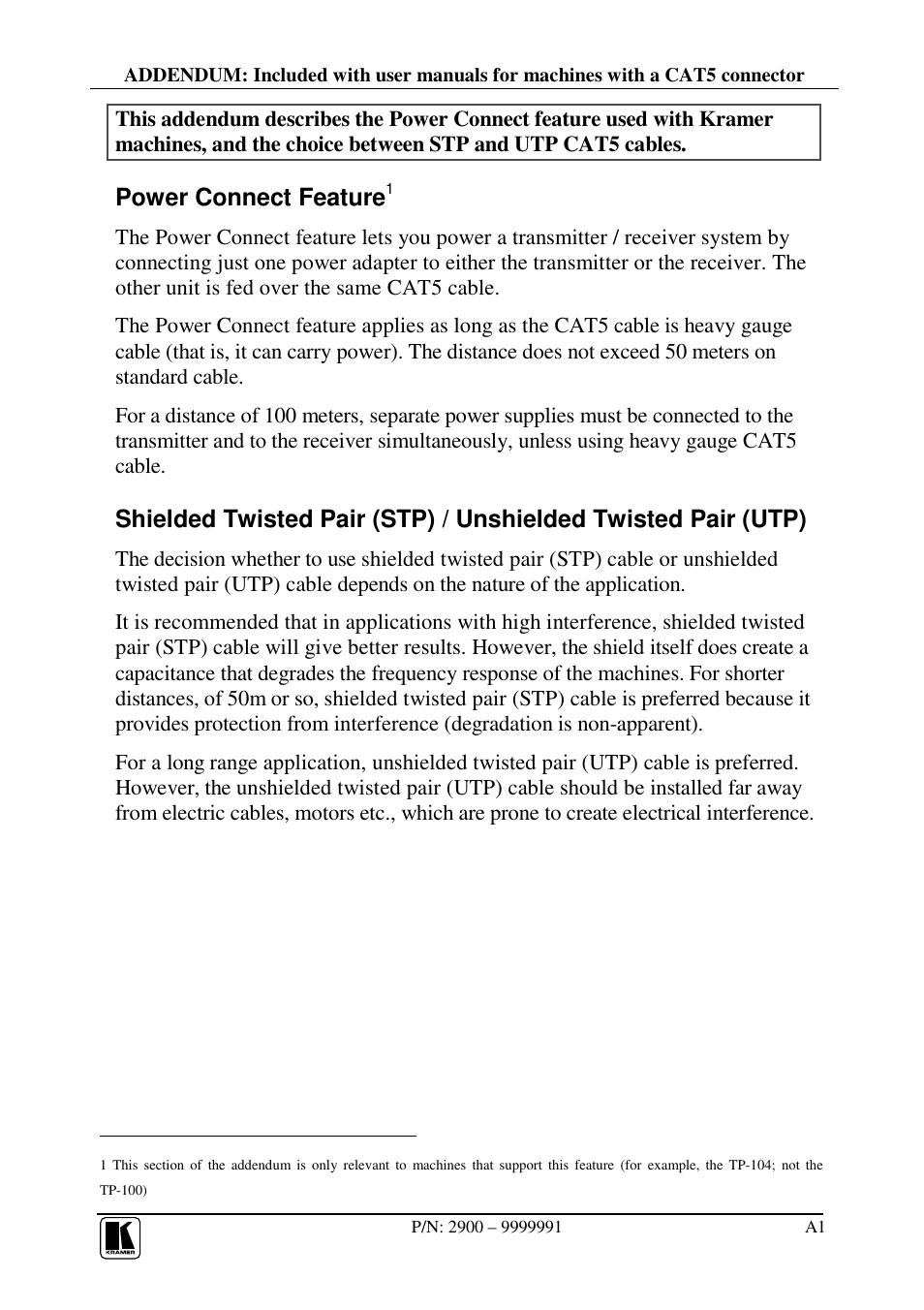 Power connect feature | Kramer Electronics TP-100 User Manual | Page 3 / 12