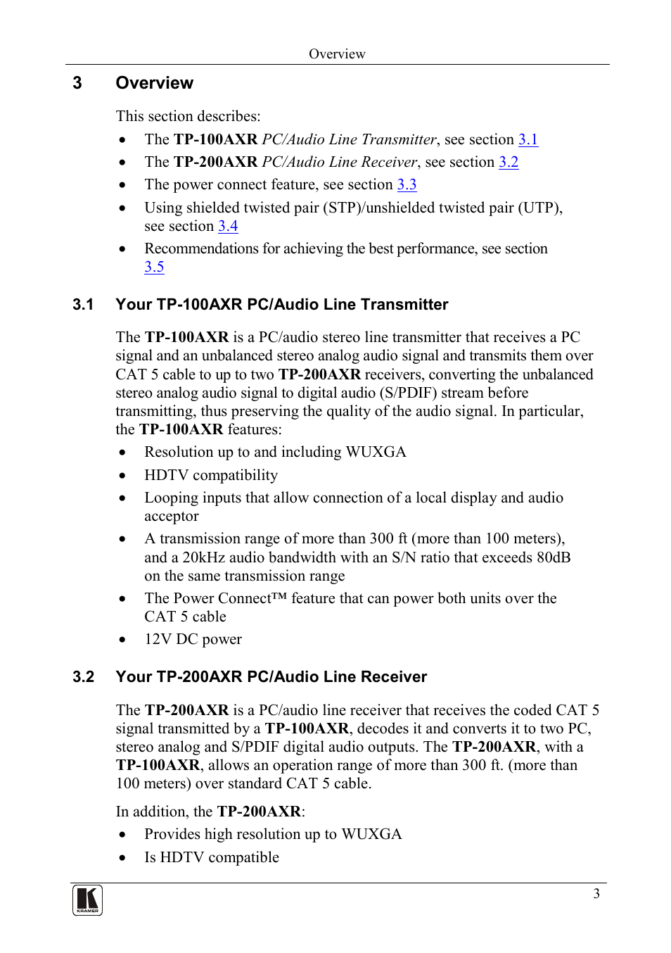 3 overview, 1 your tp-100axr pc/audio line transmitter, 2 your tp-200axr pc/audio line receiver | Overview, Your tp-100axr pc/audio line transmitter, Your tp-200axr pc/audio line receiver | Kramer Electronics TP-200AXR User Manual | Page 5 / 16