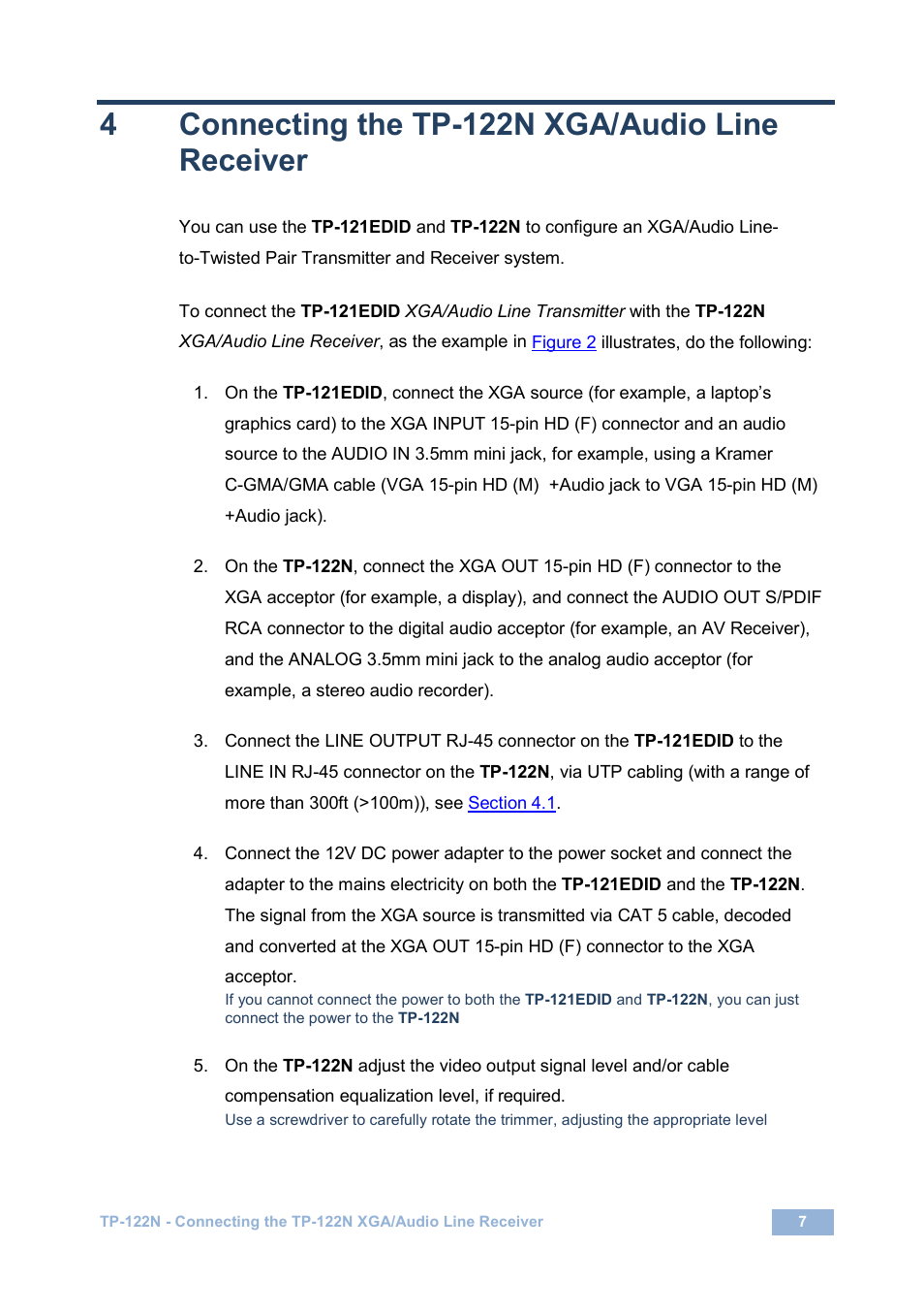 4 connecting the tp-122n xga/audio line receiver, Connecting the tp-122n xga/audio line receiver, 4connecting the tp-122n xga/audio line receiver | Kramer Electronics TP-122N User Manual | Page 10 / 15