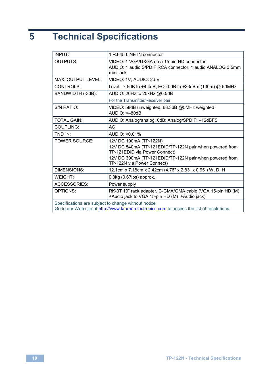 5 technical specifications, Technical specifications, 5technical specifications | Kramer Electronics TP-122N User Manual | Page 13 / 15