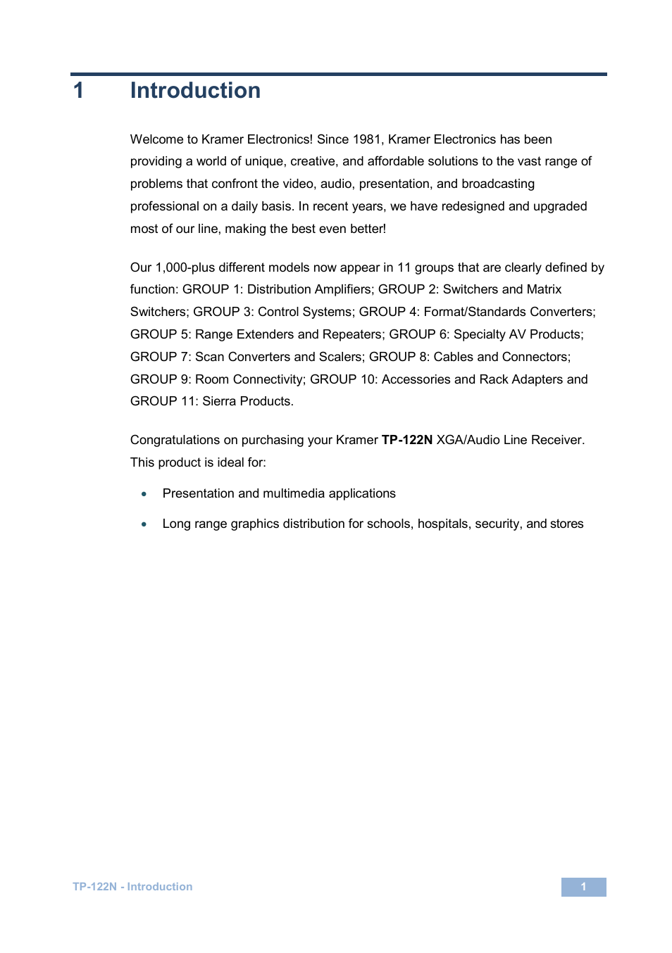 1 introduction, Introduction, 1introduction | Kramer Electronics TP-122N User Manual | Page 4 / 15