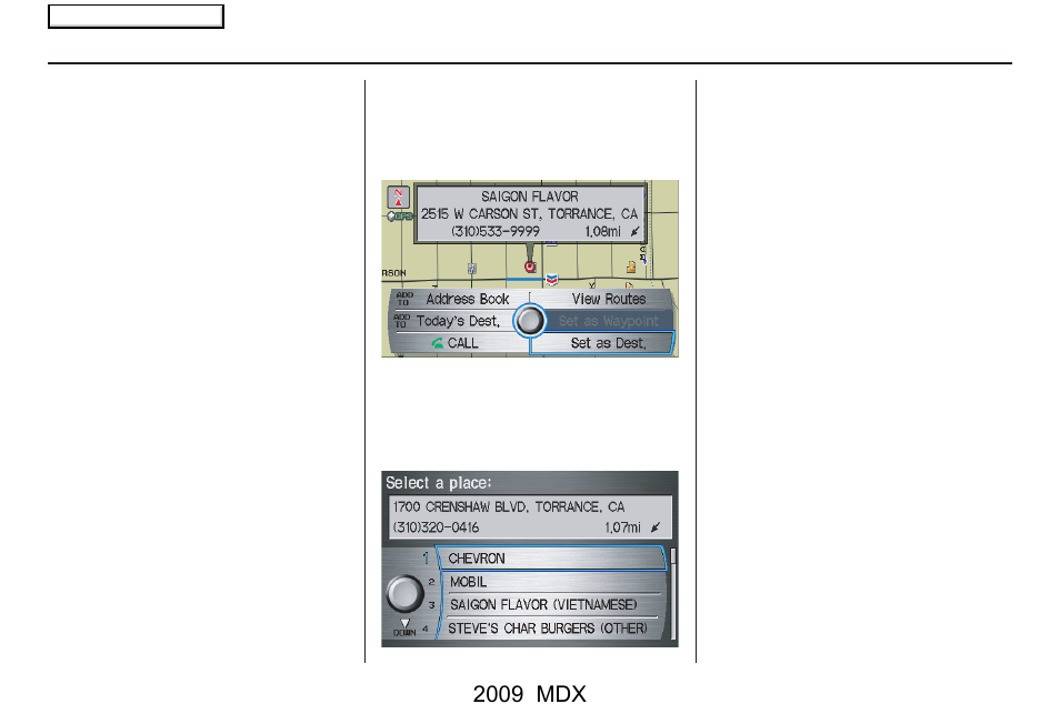 Entering a destination, 2009 mdx | Acura 2009 MDX User Manual | Page 46 / 174