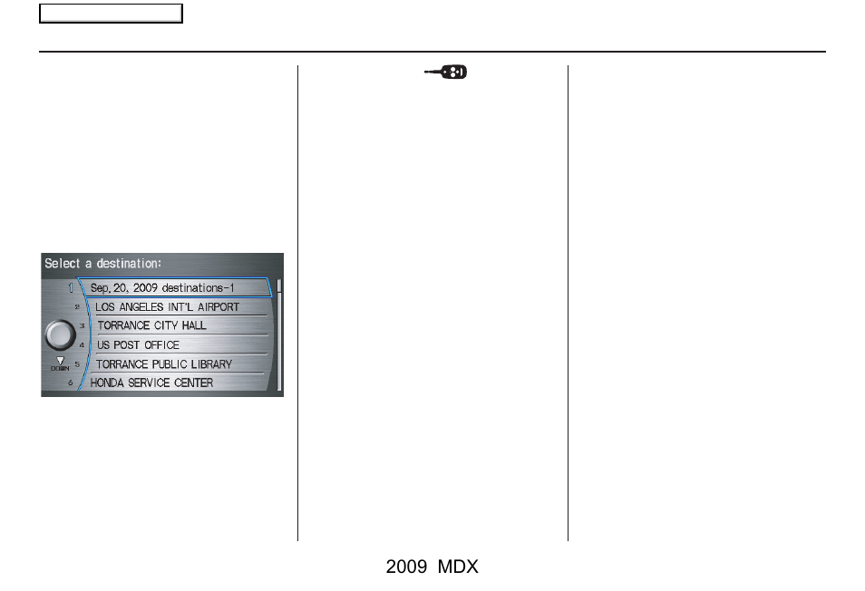 Entering a destination, 2009 mdx | Acura 2009 MDX User Manual | Page 50 / 174