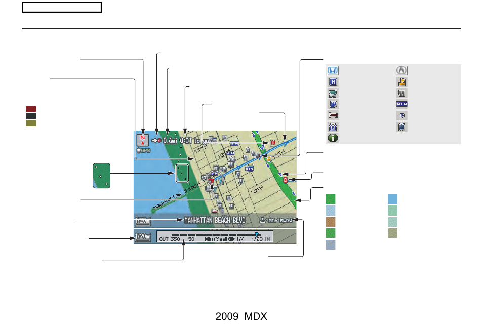 Driving to your destination, 2009 mdx, Map screen legend | Acura 2009 MDX User Manual | Page 55 / 174