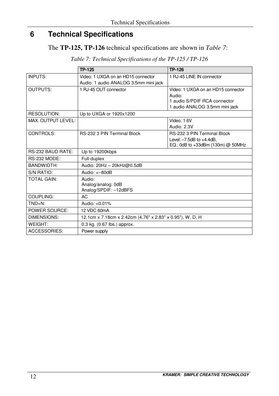 6technical specifications, Technical specifications | Kramer Electronics TP-126 User Manual | Page 14 / 16